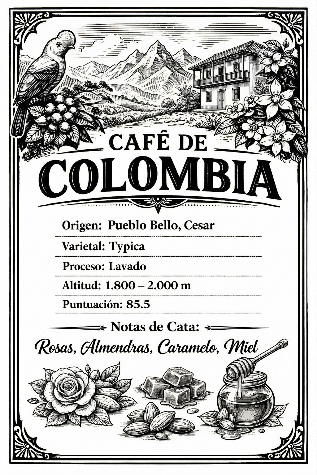 Café de Especialidad - Colombia Pueblo Bello Cesar. Notas: Rosas, almendras, caramelo, miel | 1 kilo