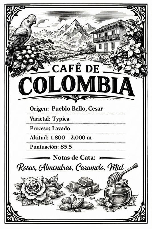 Café de Especialidad - Colombia Pueblo Bello Cesar. Notas: Rosas, almendras, caramelo, miel | 1 kilo